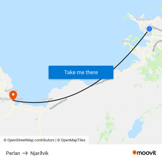Perlan to Njarðvík map