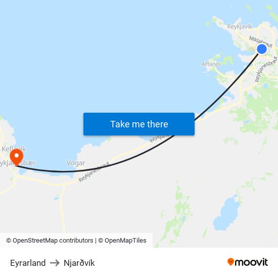 Eyrarland to Njarðvík map