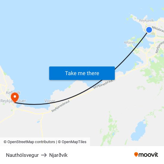 Nauthólsvegur to Njarðvík map