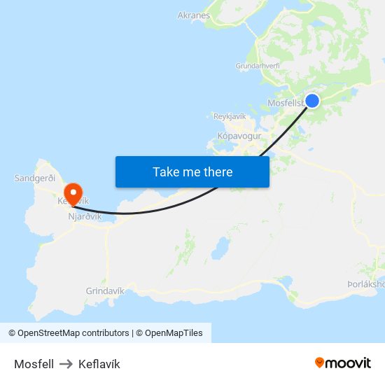Mosfell to Keflavík map
