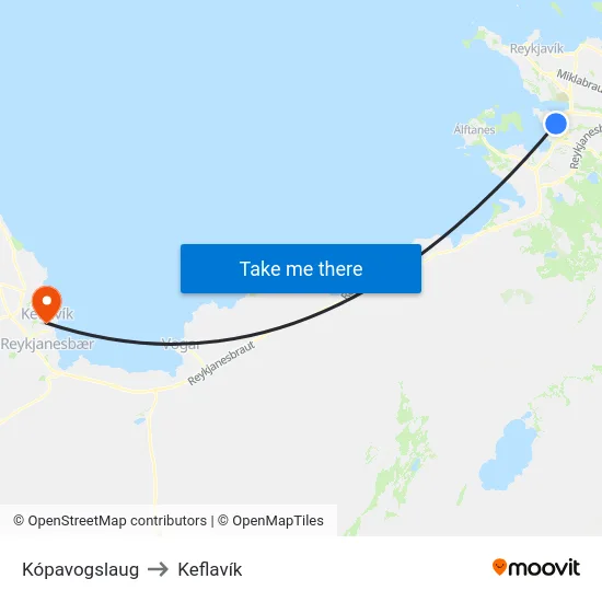 Kópavogslaug to Keflavík map