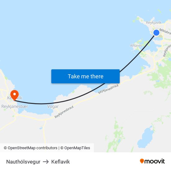 Nauthólsvegur to Keflavík map