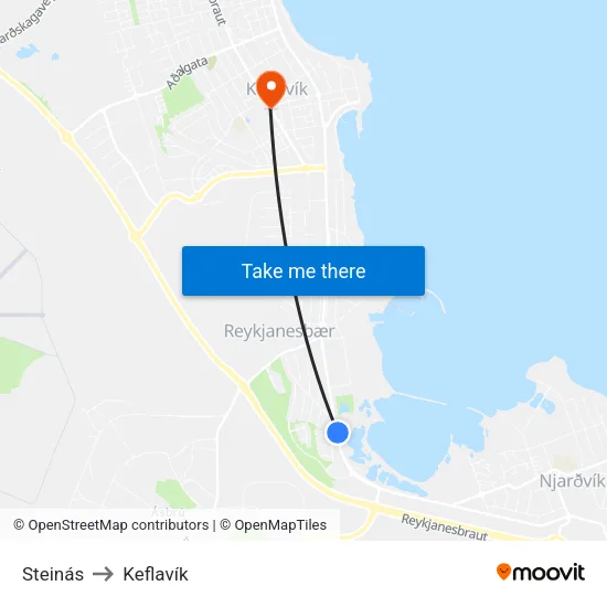 Steinás to Keflavík map