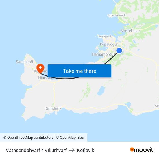 Vatnsendahvarf / Víkurhvarf to Keflavík map