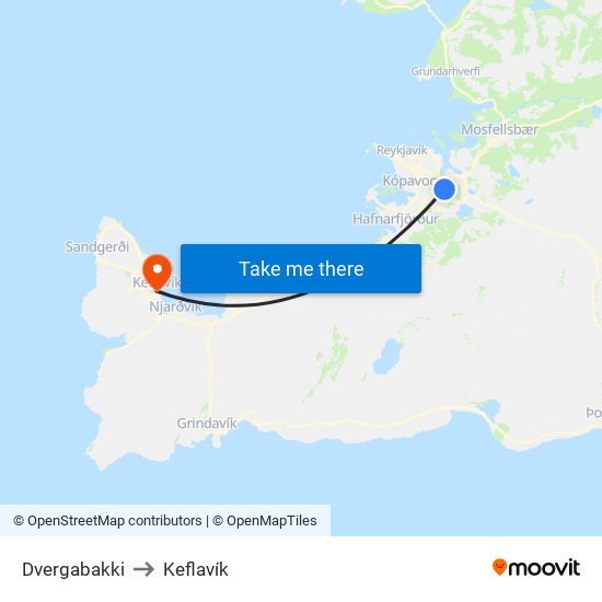Dvergabakki to Keflavík map
