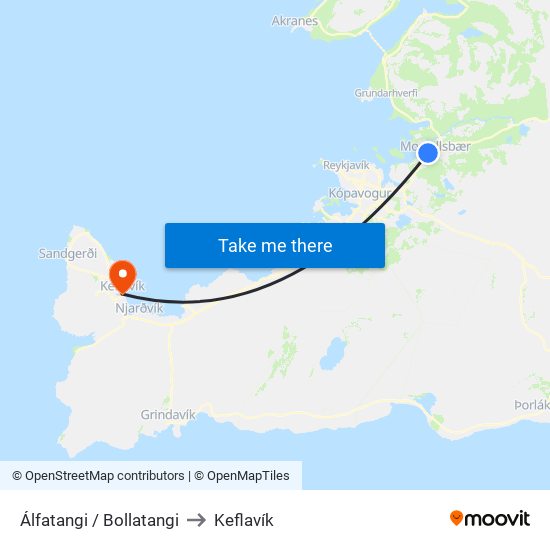 Álfatangi / Bollatangi to Keflavík map