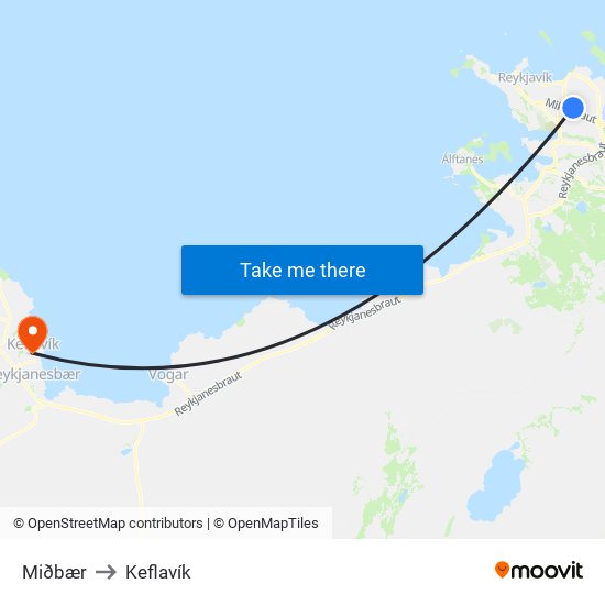 Miðbær to Keflavík map