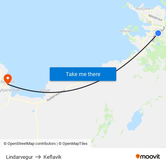Lindarvegur to Keflavík map