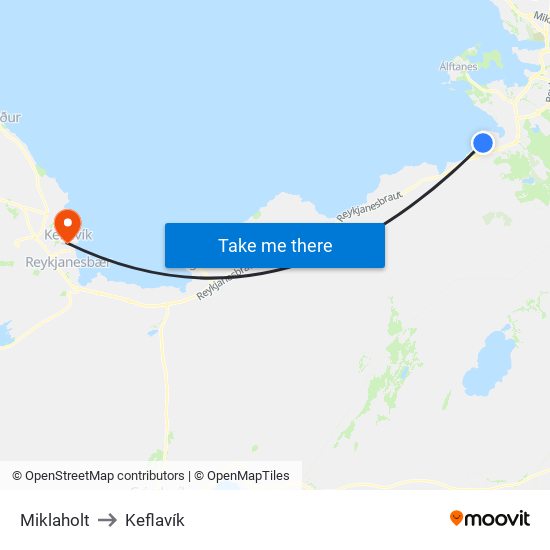 Miklaholt to Keflavík map