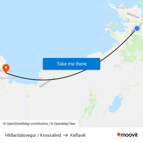 Hlíðardalsvegur / Krossalind to Keflavík map