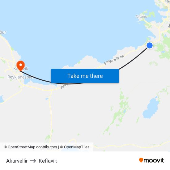 Akurvellir to Keflavík map