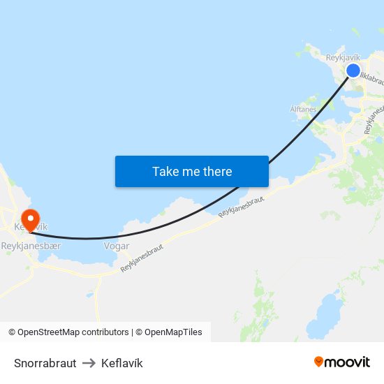 Snorrabraut to Keflavík map