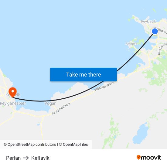 Perlan to Keflavík map