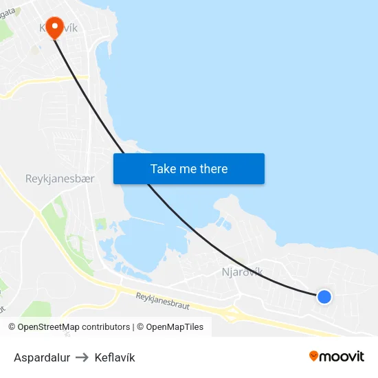 Aspardalur to Keflavík map