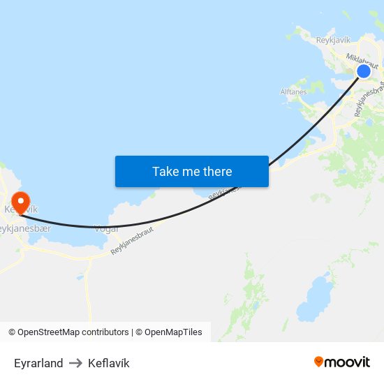 Eyrarland to Keflavík map