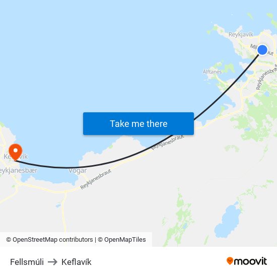 Fellsmúli to Keflavík map