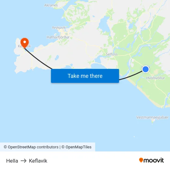 Hella to Keflavík map