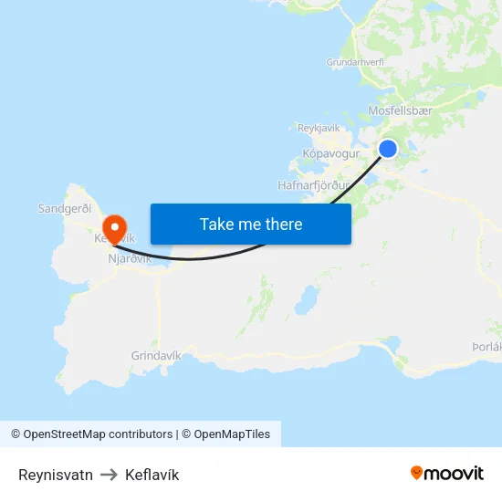Reynisvatn to Keflavík map
