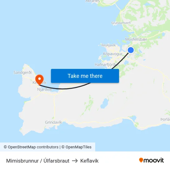 Mimisbrunnur / Úlfarsbraut to Keflavík map