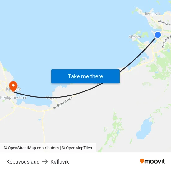 Kópavogslaug to Keflavík map