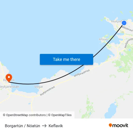 Borgartún / Nóatún to Keflavík map