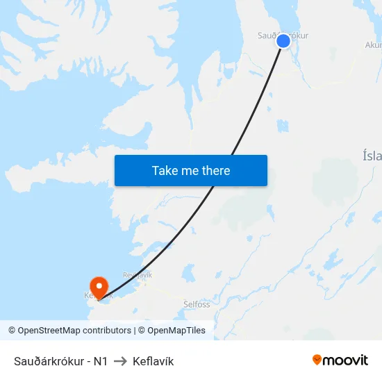 Sauðárkrókur - N1 to Keflavík map