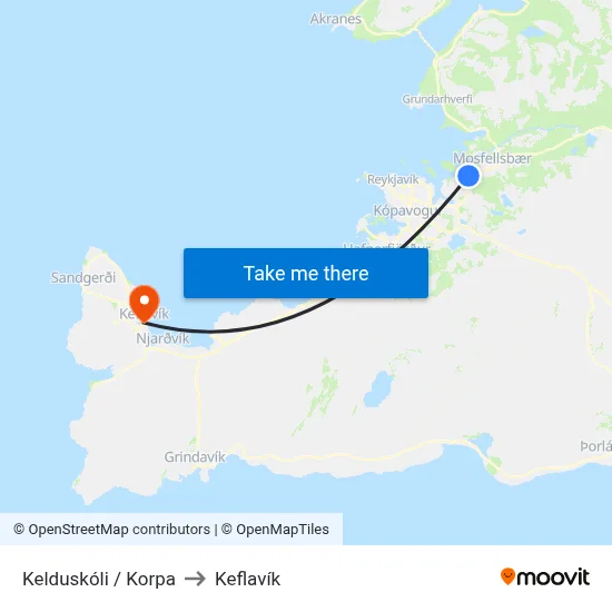 Kelduskóli / Korpa to Keflavík map