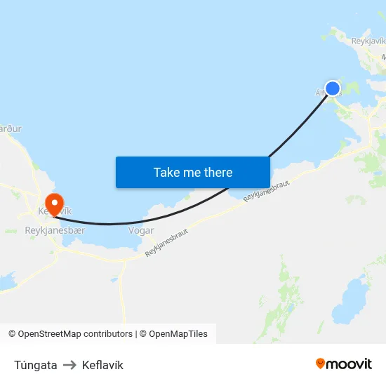 Túngata to Keflavík map