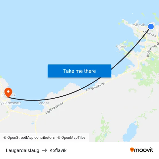 Laugardalslaug to Keflavík map