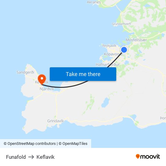 Funafold to Keflavík map