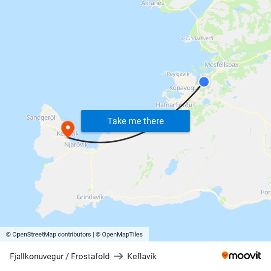 Fjallkonuvegur / Frostafold to Keflavík map