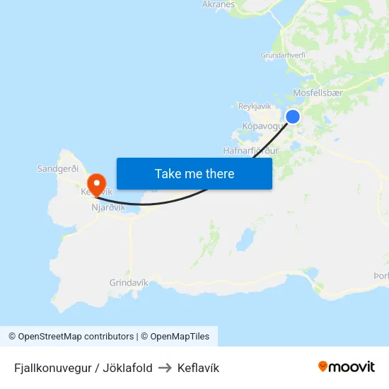 Fjallkonuvegur / Jöklafold to Keflavík map