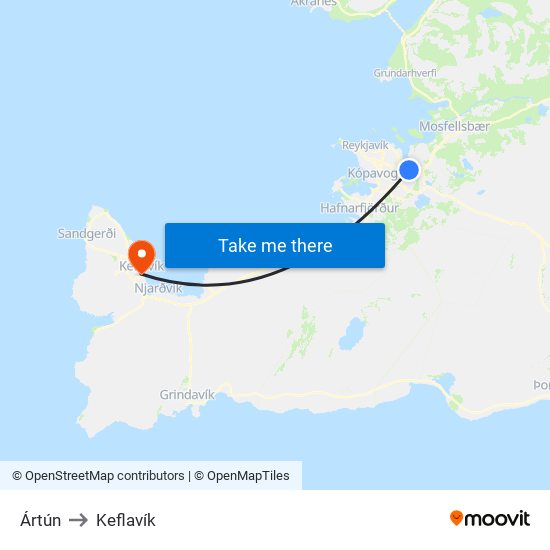 Ártún to Keflavík map