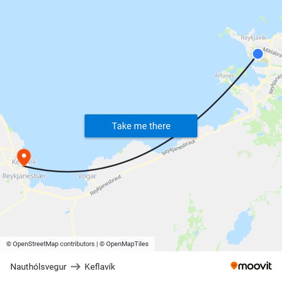 Nauthólsvegur to Keflavík map