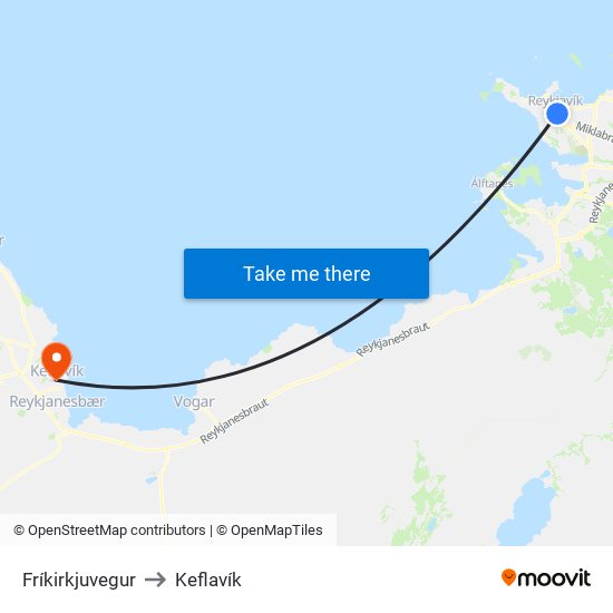 Fríkirkjuvegur to Keflavík map