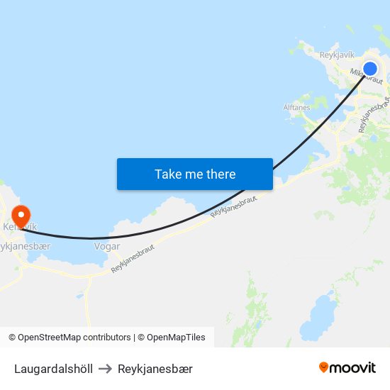 Laugardalshöll to Reykjanesbær map