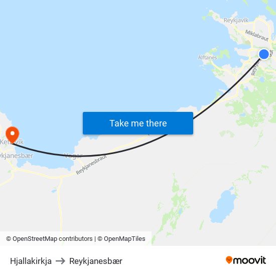 Hjallakirkja to Reykjanesbær map
