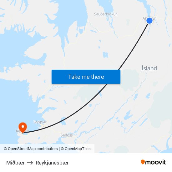 Miðbær to Reykjanesbær map