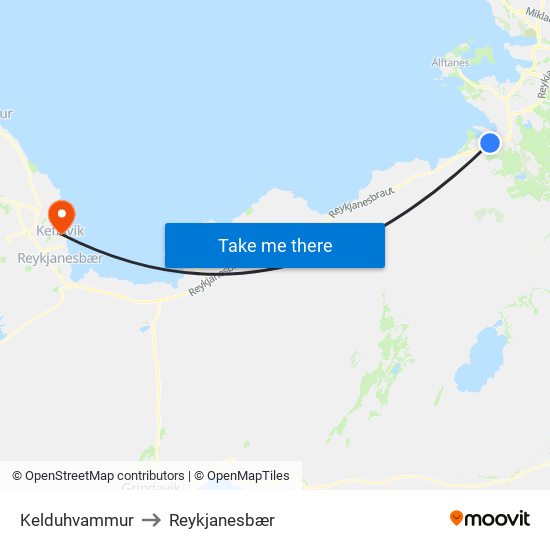 Kelduhvammur to Reykjanesbær map