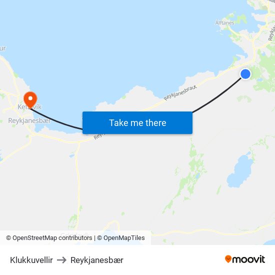 Klukkuvellir to Reykjanesbær map