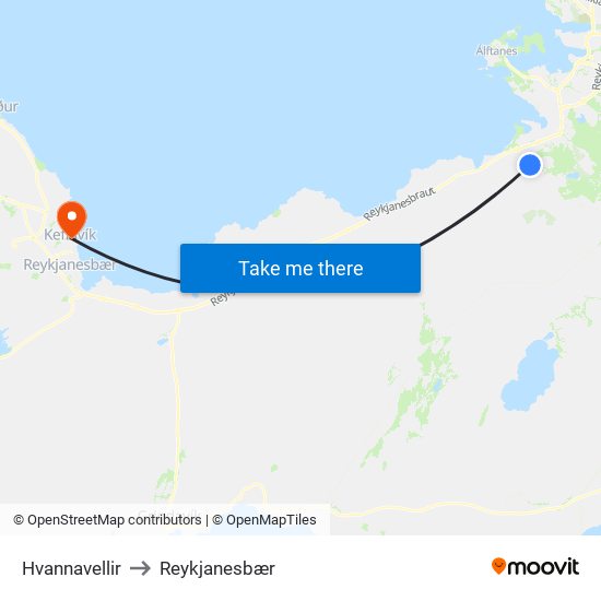 Hvannavellir to Reykjanesbær map