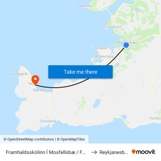 Framhaldsskólinn Í Mosfellsbæ / Fmos to Reykjanesbær map