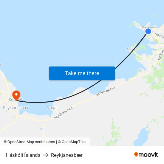 Háskóli Íslands to Reykjanesbær map