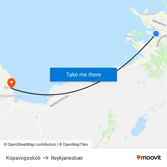 Kópavogsskóli to Reykjanesbær map