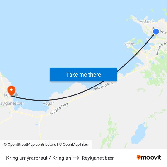 Kringlumýrarbraut / Kringlan to Reykjanesbær map