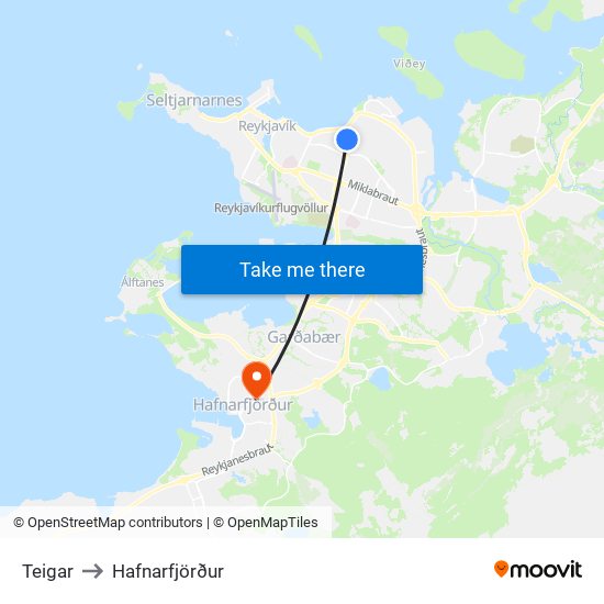 Teigar to Hafnarfjörður map