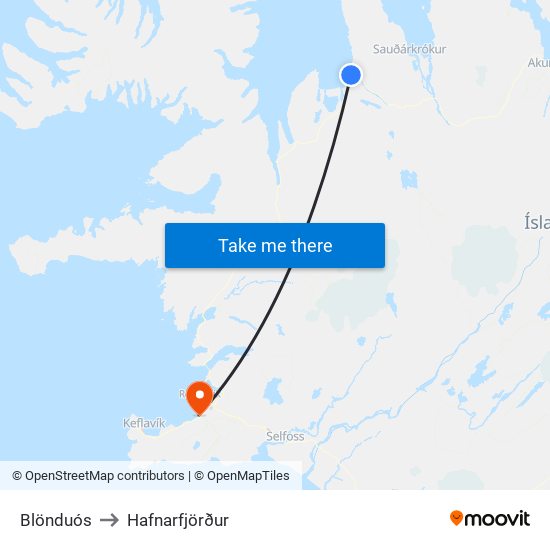 Blönduós to Hafnarfjörður map
