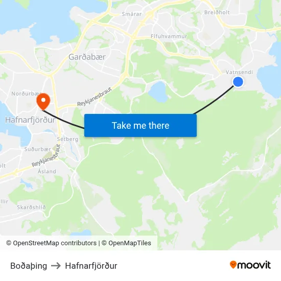 Boðaþing to Hafnarfjörður map