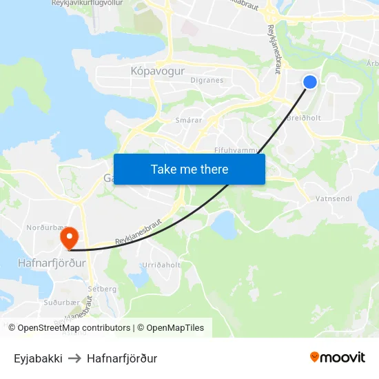 Eyjabakki to Hafnarfjörður map