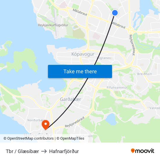 Tbr / Glæsibær to Hafnarfjörður map